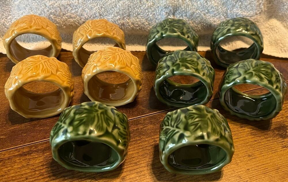 Set of 10 Fall Ceramic Napkin Rings 2" Diameter 6 Green 4 Yellow Leaves Acorns
